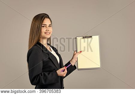 Woman In Suit Hold Folder Documents Copy Space, Hospitable Administrative Worker Concept