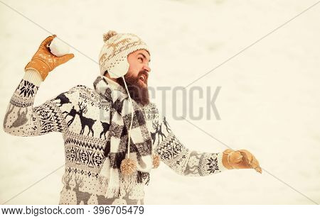 Best Holiday. Winter Season. Christmas Snow Activity. Man Having Fun Outdoor. Winter Holiday. Mornin