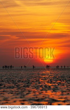 Upright Picture With Silhouettes Of People At The Beach And Watt In Front Of The Setting Sun.