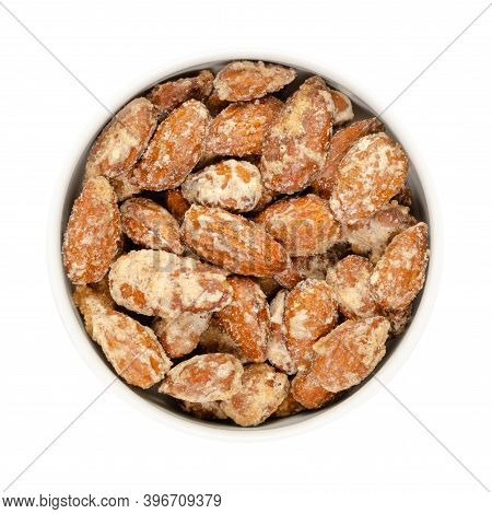 Candied Almonds In A White Bowl. Homemade, In A Special Way Cooked Almonds, Whole Nuts Coated In Cru