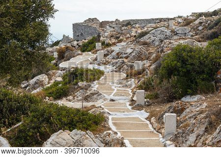 View Of The Ruins And Walls Of The Castle Palaiokastro. The Structure Lies On The Top Of A Hill , Io