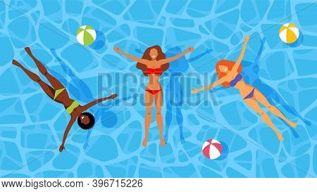 Woman Swimming In The Pool. Young Smiling Models Floating On Water. Blue Water Swimpool With Beach B