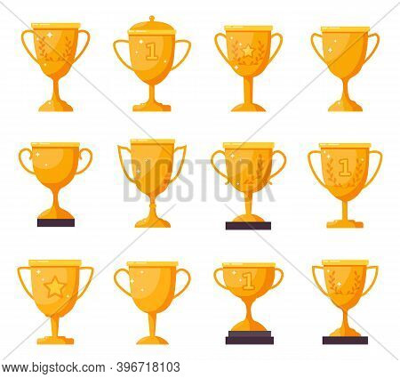 Champion Golden Cups. Gold Winner Trophy Goblets, Achievement Award Cups. Victory Golden Trophies An