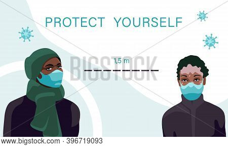 Black And Vitiligo Women In Masks On White Backdrop. Social Dictance For Social Banner Or Propaganda