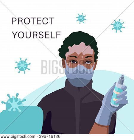 Vitiligo Woman In Mask With Antiseptic Spray On White Backdrop. Protect Yourself Text Poster For Soc