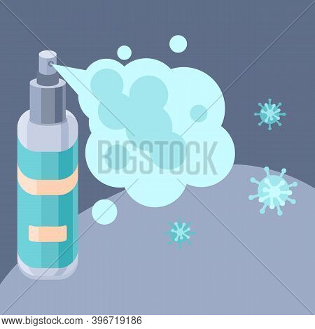 Antiseptic Spray On Grey Backdrop. Virus Disinfection Sign For Social Banner Or Propaganda, Hygiene 