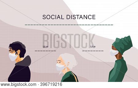 Man, Young And Old Women On Beige Backdrop. Social Distance For Social Banner Or Propaganda, Hygiene