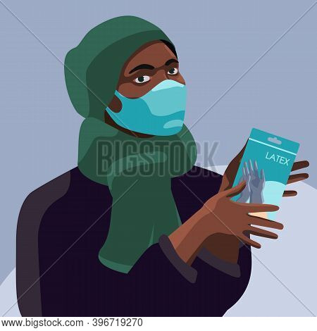 Black Woman With Medical Gloves On Grey Backdrop. African Woman In Mask For Social Banner Or Propaga