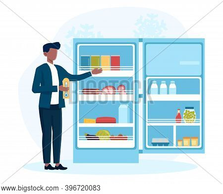 Man Measures Temperature In Fridge. Concept Of Frozen Food. Male Character Trying To Set Perfect Tem