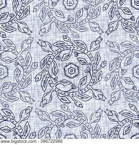 Indigo Blue Leaf Block Print Dyed Linen Texture Background. Seamless Woven Japanese Repeat Batik Pat