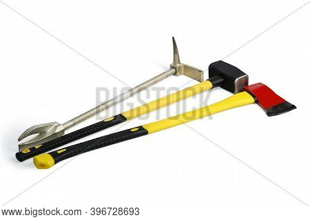 Large Yellow Sledgehammer, Axe And Hooligan Pinch-bar From Firemans Toolbox Isolated On White Backgr