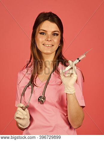 Woman Doctor Use Syringe. Happy Nurse Make Injection. Health Worker Dials Vaccine In Syringe. Physic