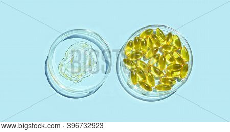Omega3 Gel Capsule. Yellow Vitamin. Health Eating. Dietology Drug. Fish Oil Supplement. Microdosing 