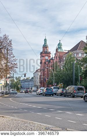 Berlin, Germany - October 3, 2020: Very Busy Street Breite Strasse, Pankow Town Hall With Its Clock 
