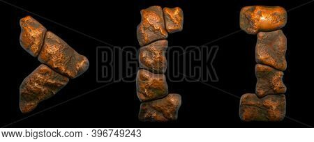 Set of rocky symbols right angle bracket, left and right square bracket . Font of stone on black background. 3d rendering