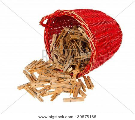 Very Old Red Basket With Wooden Clothespins