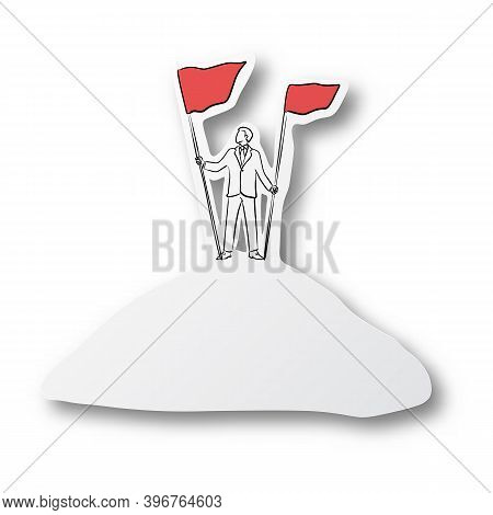 Vector Illustration Black Line Hand Drawn Of Businessman And Two Red Flag At Top Of Mountain On Cut 