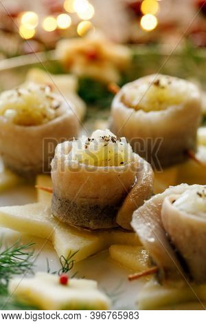 A Close-up View Of The Herring Fillet With The Addition Of Chopped Onion And Oil. Traditional Dish O