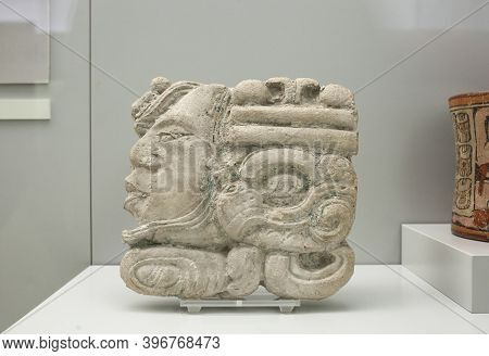 Madrid, Spain - Jul 11th, 2020: Palenque Numeric Glyph. Mayan Culture, 600 Ad. Museum Of The America