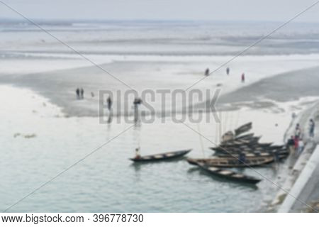 Blurred Image Of Dooars, West Bengal, India. View Of Gajoldoba Barrage With Boats In Foreground, Doo