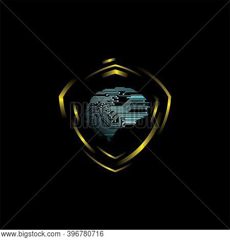 Shield And Brain With Circuit Pcb Modern Technology Icon And Logo Design