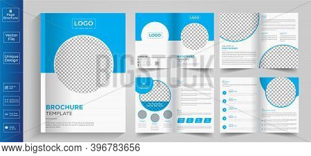 Minimal & Clean Geometric Design Of 8-page Blue Color Template For Brochure, Flyer, Magazine, Catalo