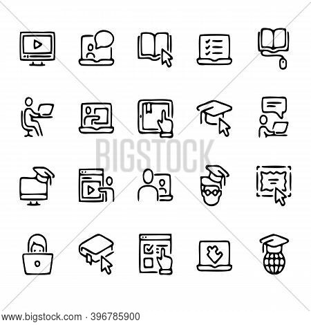 Simple Set Of Online Education Related Vector Line Icons. Contains Such Icons As Video Tutorial, E-b