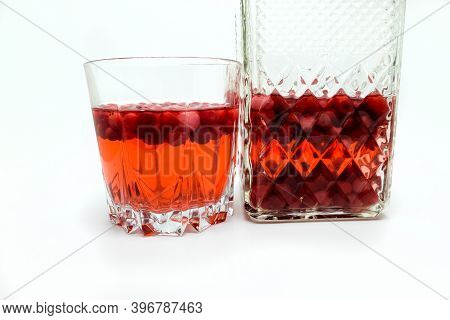 Homemade Tincture Of Red Cherry. Berry Alcoholic Drinks Concept. Homemade Red Wine Made From Ripe Ch