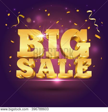 3d Vector Golden Text Big Sale With Confetti On Purple Background. Vector Illustration For Promotion