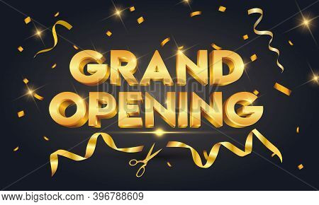 Grand Opening Golden Text With Gold Scissors Cutting Gold Ribbon On Black Sparkling Background