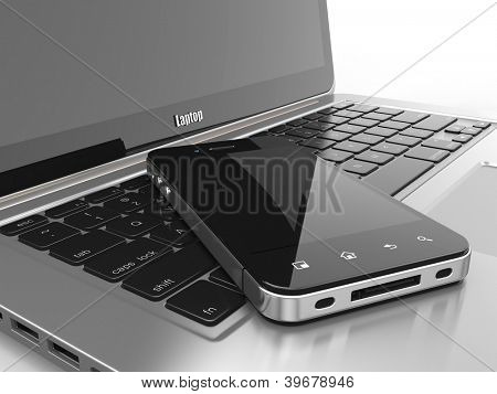 Laptop en mobiele telefoon.Drie-dimensionaal beeld. 3D
