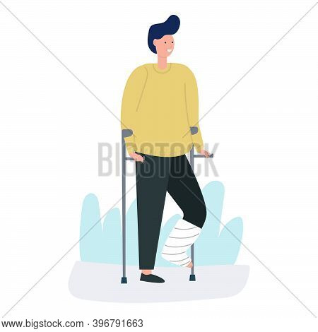 Young Man Broke His Leg. He Is Standing With A Gypsum On His Leg And Crutches, Trauma, Broken Limb, 