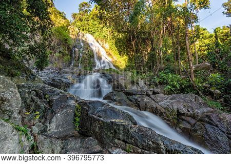 Horizontal Photo, Famous Tropical Waterfall Namuang During The Rainy Season On Koh Samui Island In T