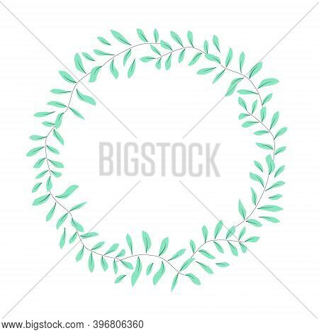 Round Wreath Of Delicate Mint Green Branches And Leaves With Place For Text. Hand Drawn Plant Clip A
