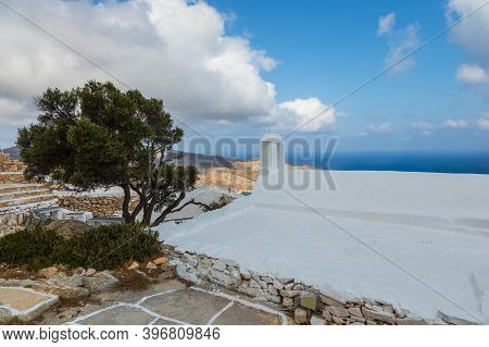 View Of The Small Church Of Panagia Paleokastritsa Inside The Ruins Palaiokastro Castle. Top On The 