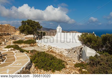 View Of The Small Church Of Panagia Paleokastritsa Inside The Ruins Palaiokastro Castle. Top On The 