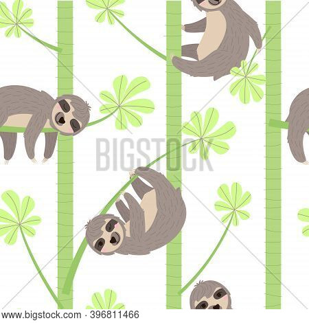 Seamless Pattern Of A Sloth Hanging On A  Branch. Cheerful Sloth Winks And Smiles, Holding A Leaf, S