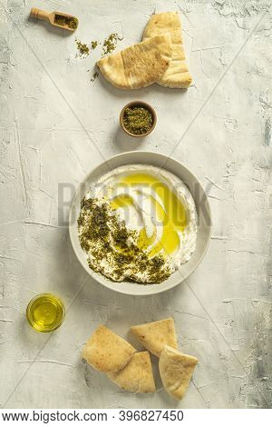 Popular Middle Eastern Appetizer Labneh Or Labaneh, Soft White Goat Milk Cheese With Olive Oil, Hyss