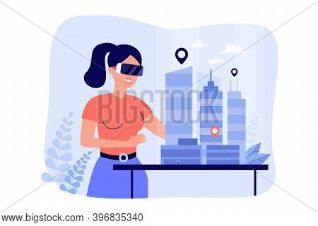 Female Architect Engineer Building 3d City Model In Digital Glasses Flat Vector Illustration. Cartoo