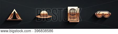 Set Tourist Tent, Elegant Women Hat, Passport And Ski Goggles Icon With Long Shadow. Vector