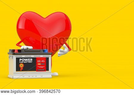 Red Heart Character Mascot And Rechargeable Car Battery 12v Accumulator With Abstract Label On A Yel