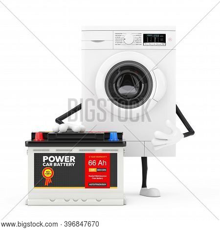 Modern White Washing Machine Character Mascot And Rechargeable Car Battery 12v Accumulator With Abst