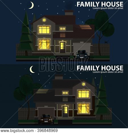 Family House At Night. 2 Houses, Car And Trees. Hearth And Home. Flat Design. For Your Project. Vect