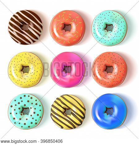 Glazed Colored Donuts Set 3d. Vector Illustration