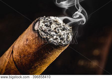 Detail Of Cigar Tip Giving Off Smoke, Macro Photo. Smoking Concept