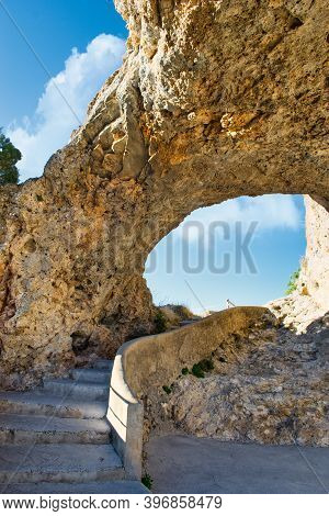 Staircase Under Arch And Bridge Of Natural Rock Formation In The Viewpoint Of El Ventano Del Diablo 