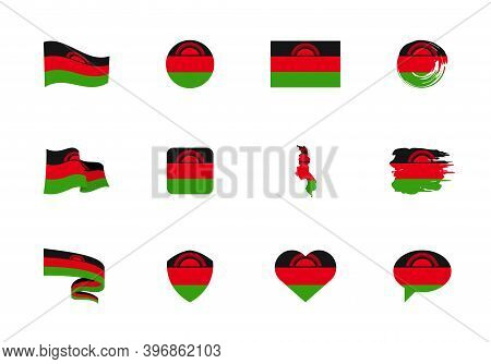 Malawi Flag - Flat Collection. Flags Of Different Shaped Twelve Flat Icons.