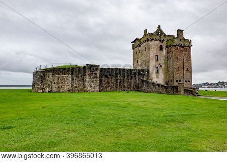 Landscape With Medieval Broughty Castle In Dundee, Scotland, Uk At Overcast Weather