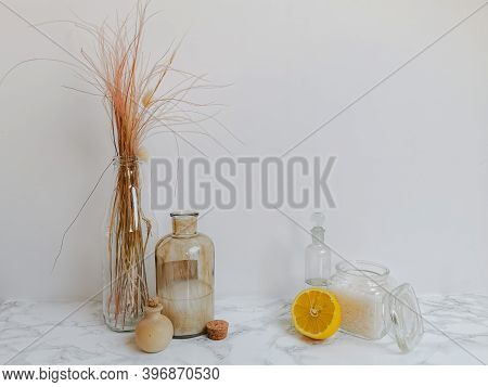Ingredients For Eco-friendly Homemade Cleaning Products And Laundry Detergent Such As Essential Oil,