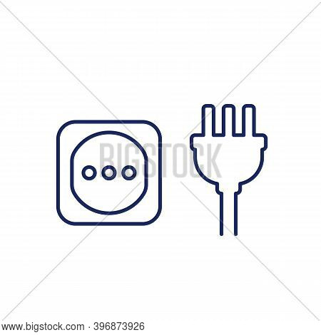 Electric Plug With 3 Pins And Socket, Line Vector, Eps 10 File, Easy To Edit